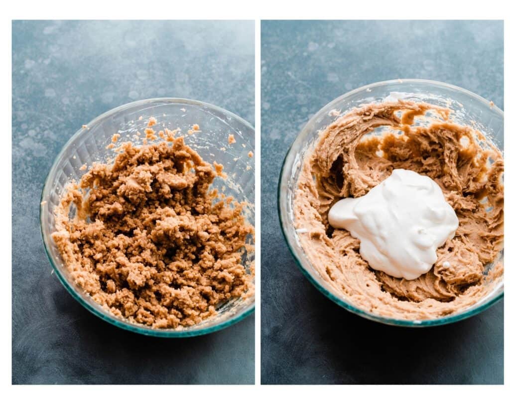 Two photos - one of a bowl of the peanut butter filling, and one of the bowl of peanut butter filling with softly whipped cream added.