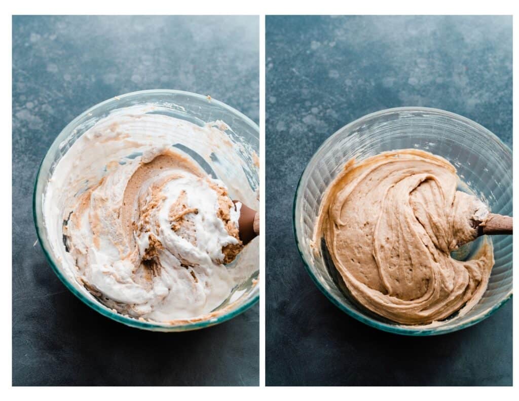 Two images - One of a bowl of the peanut butter with the whipped cream being folded in, and one of the creamy peanut butter filling.