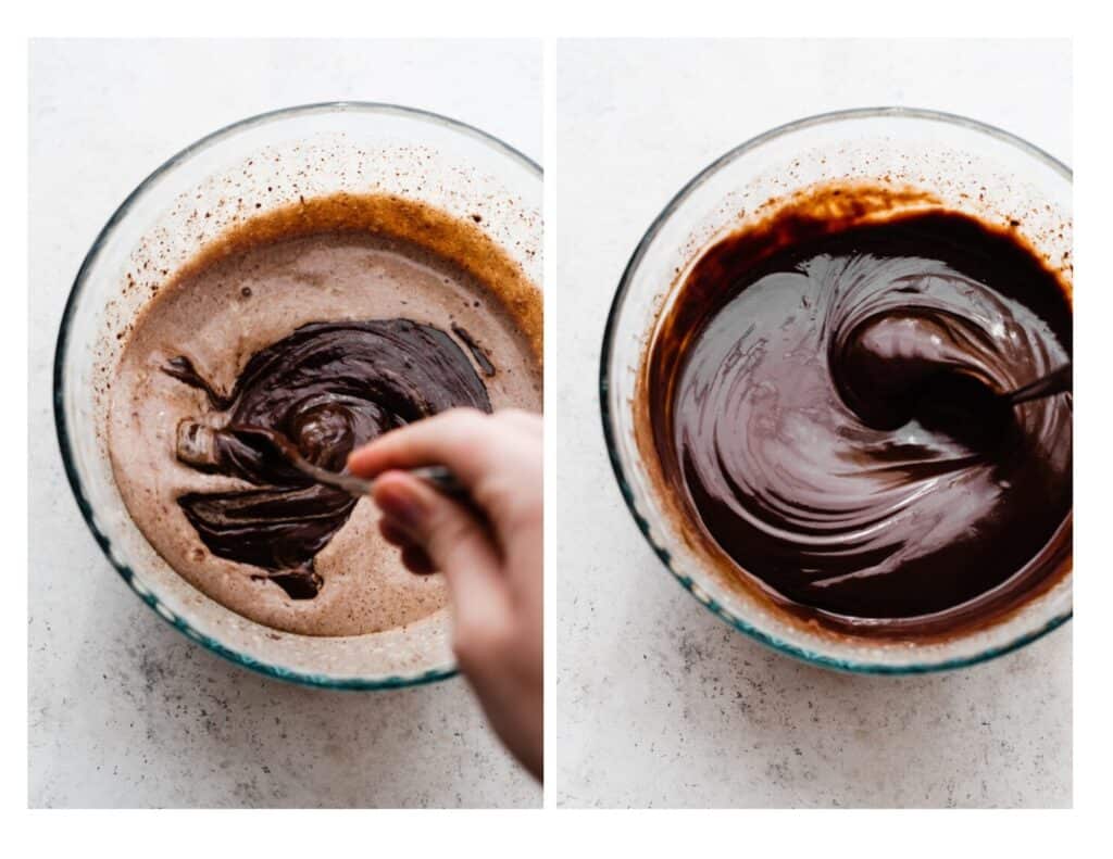 Two images of the chocolate mixture being stirred until completely smooth.