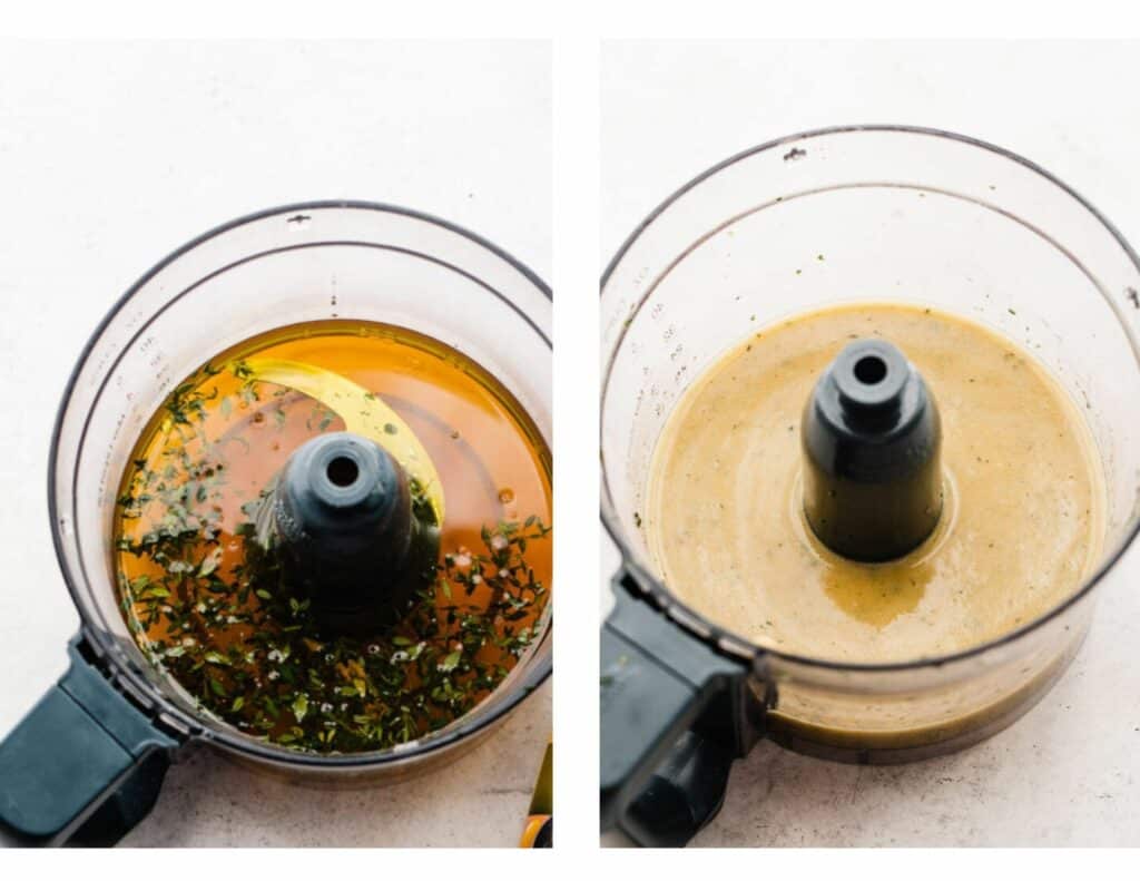 A food processor bowl with the unmixed and mixed dressing, in side-by-side photos.