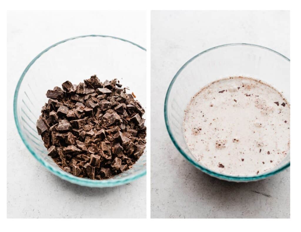 Two images - one of a bowl of chopped chocolate, and the other of heavy cream covering the chocolate in the bowl.