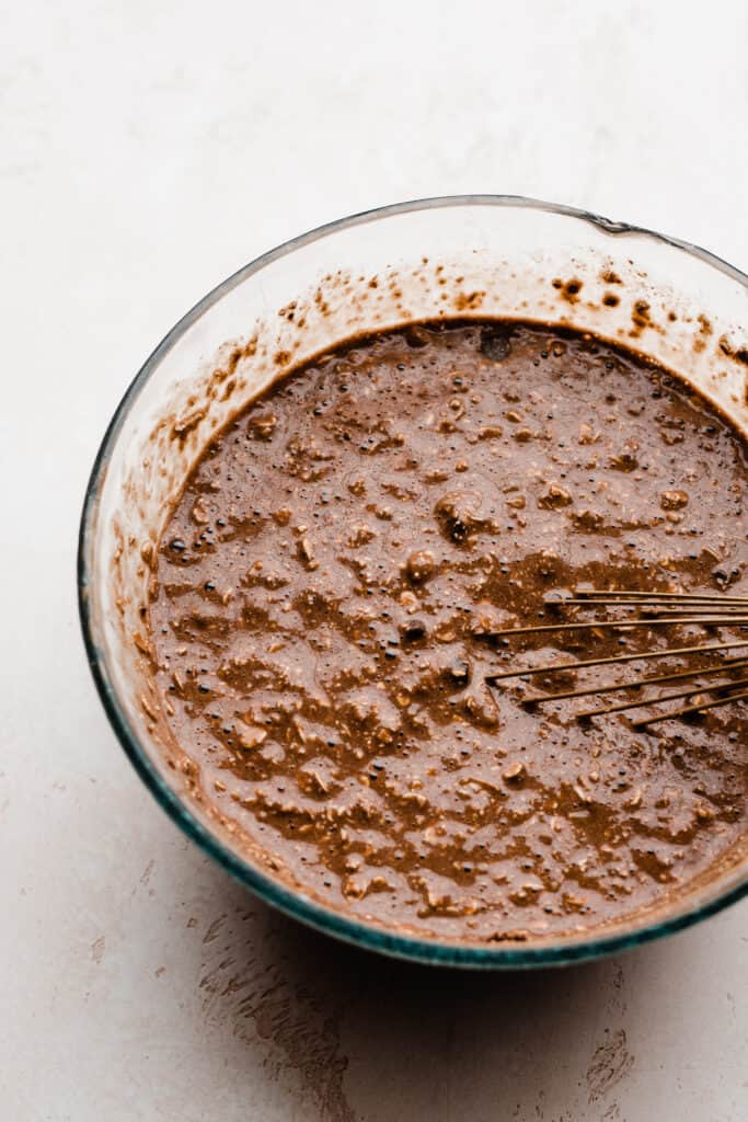 A mixing bowl of the chocolate batter.