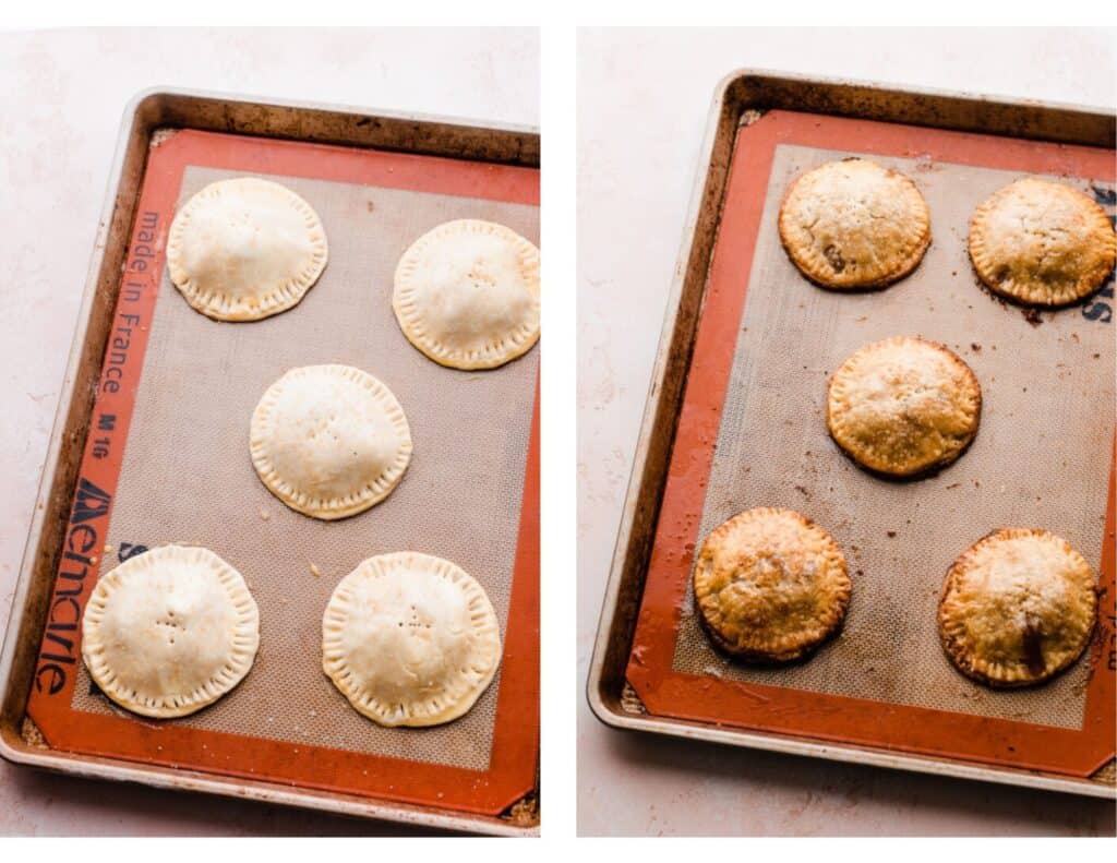 Two images - one of the assembled unbaked hand pies, and one of the golden brown baked pies.