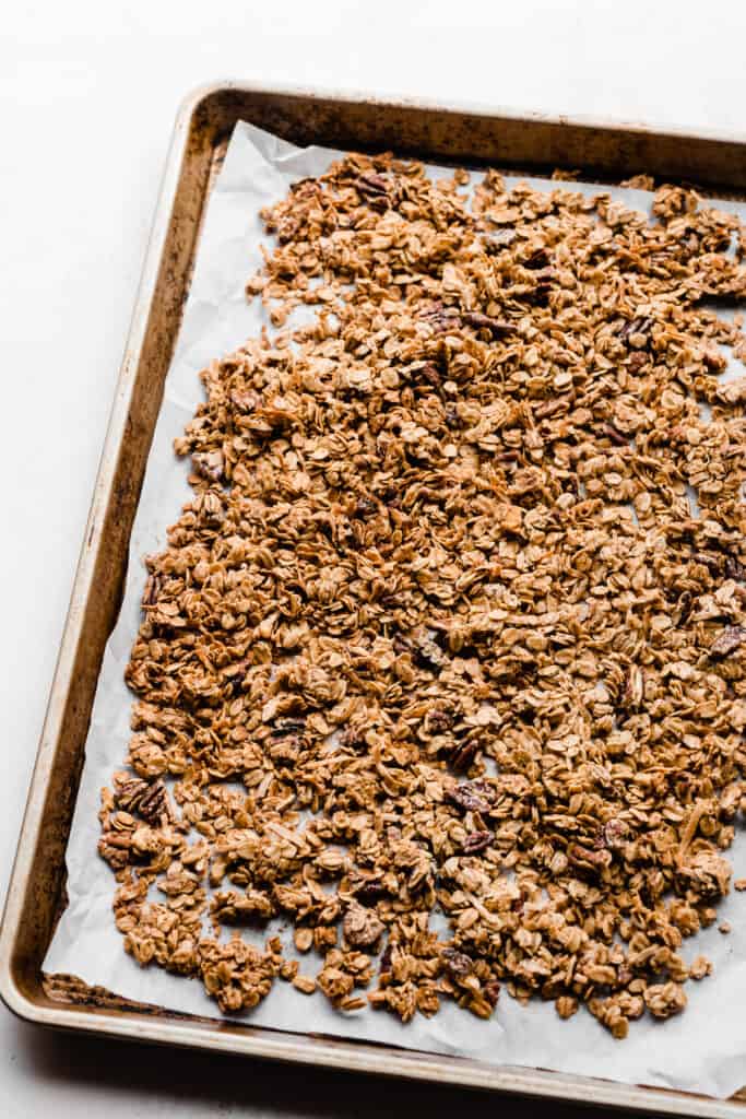The baked granola on a baking sheet.