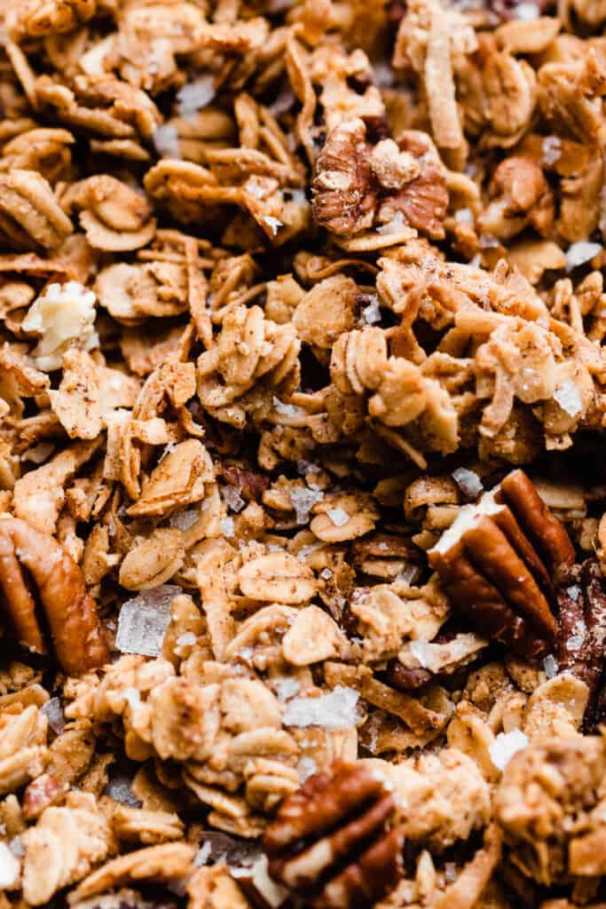 A close up of the granola on the pan.