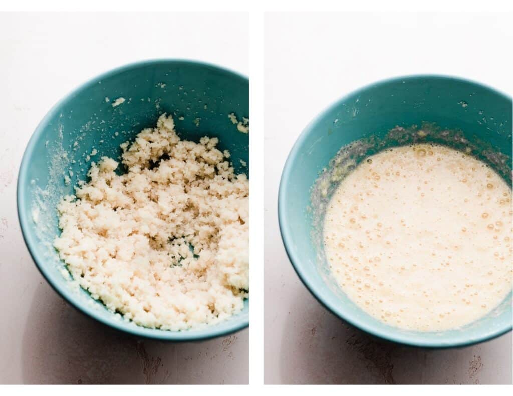 Two images: One of the creamed butter and sugar, and one after the eggs have been added.