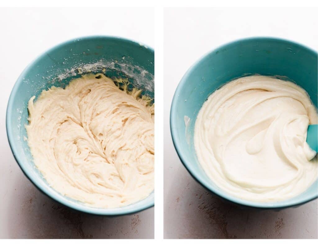Two images: One of a bowl of the batter with dry ingredients mixed in, and one with the finished batter after the sour cream and oil have been added.
