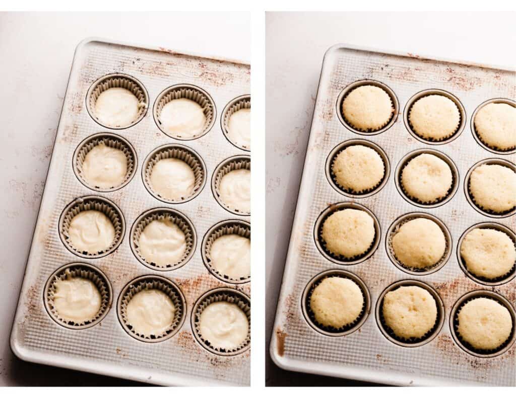 Two images: One of a pan of the cupcake batter, one of the pan of baked cupcakes.