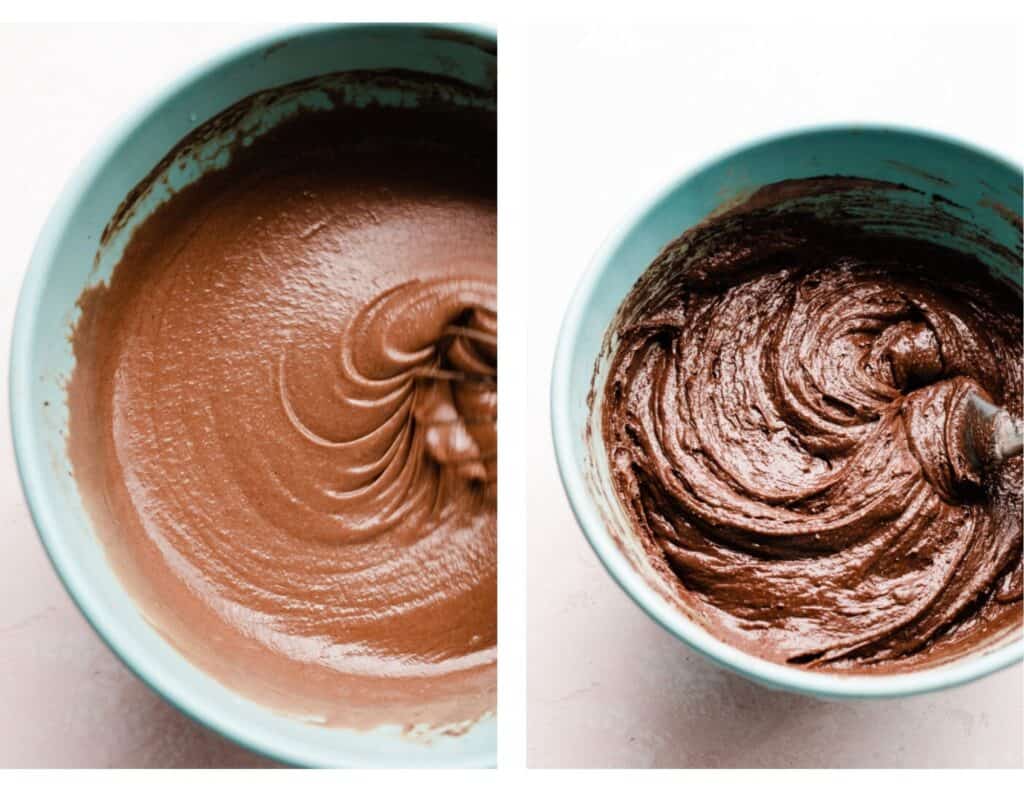 Two images - one of the eggs and sugar being whisked into the batter, and one of the thick, finished brownie batter.