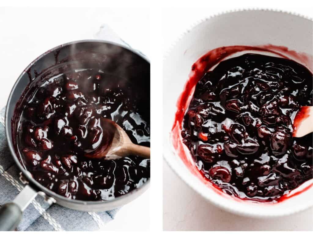 Two images: one of the cherry sauce in a pot, and one of it after being mashed down a bit in a bowl.