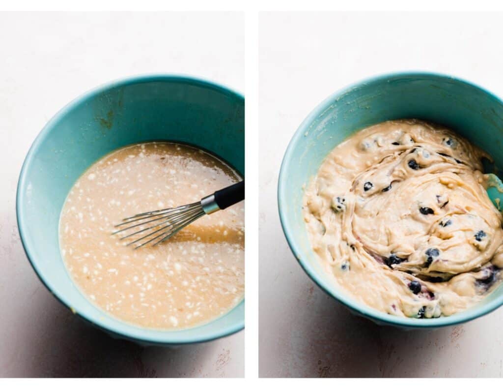 Two images - one of the wet ingredients whisked together, and one of the finished batter with blueberries folded in.