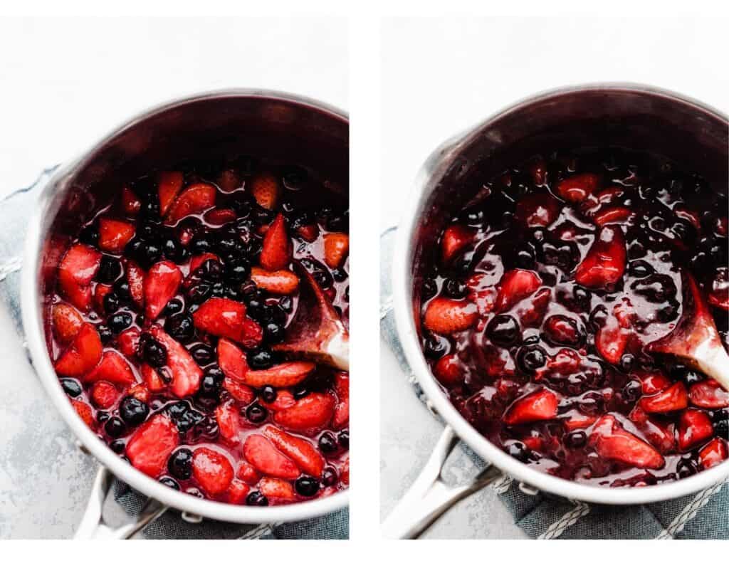 Two images - one of the cooked fruit filling before adding thickener, one after thickener was added. 