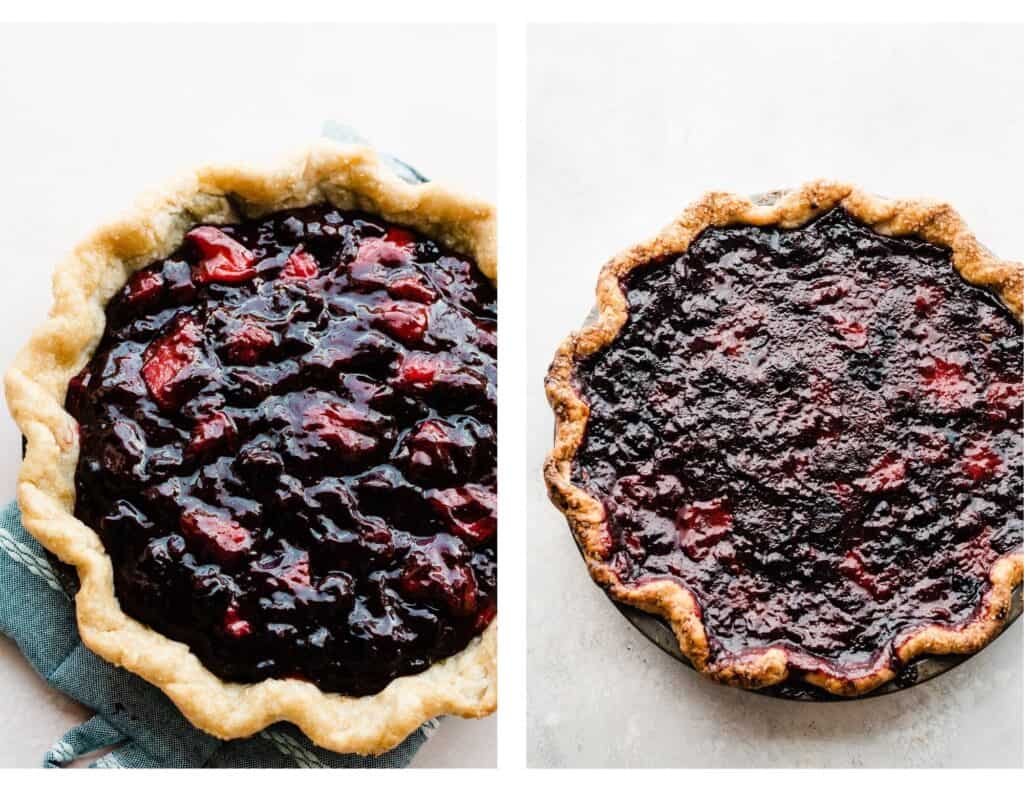 Two images -one of the fruit filling in the par-baked pie crust, and one of the finished baked pie. 