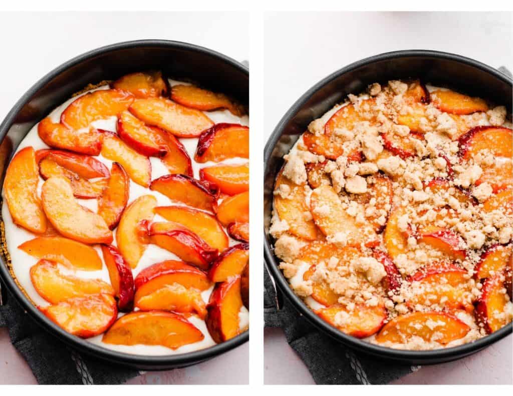 Two images - one of the cheesecake batter topped with roasted peaches, and one of the cinnamon streusel added on top of that.