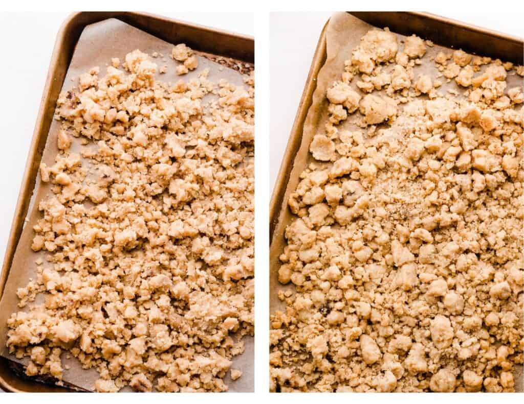 Two images - the pan of unbaked and baked streusel. 