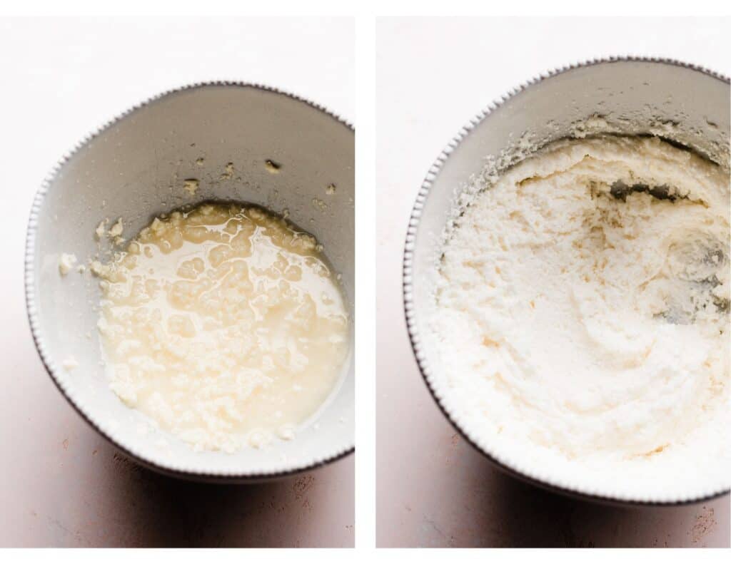 Two images - one of the butter and oil creamed together, and one of the sugar creamed in to the oil and butter.