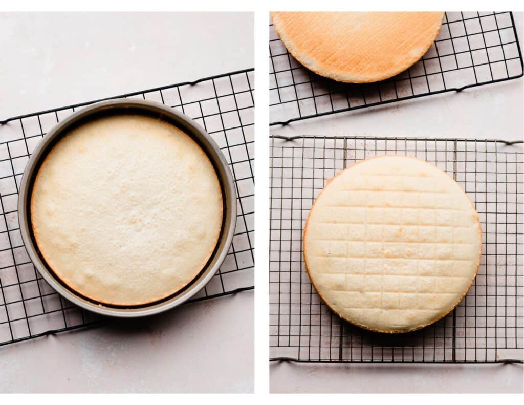 Two images - one of the baked cake in the pan, and one of the cake cooling on a rack.