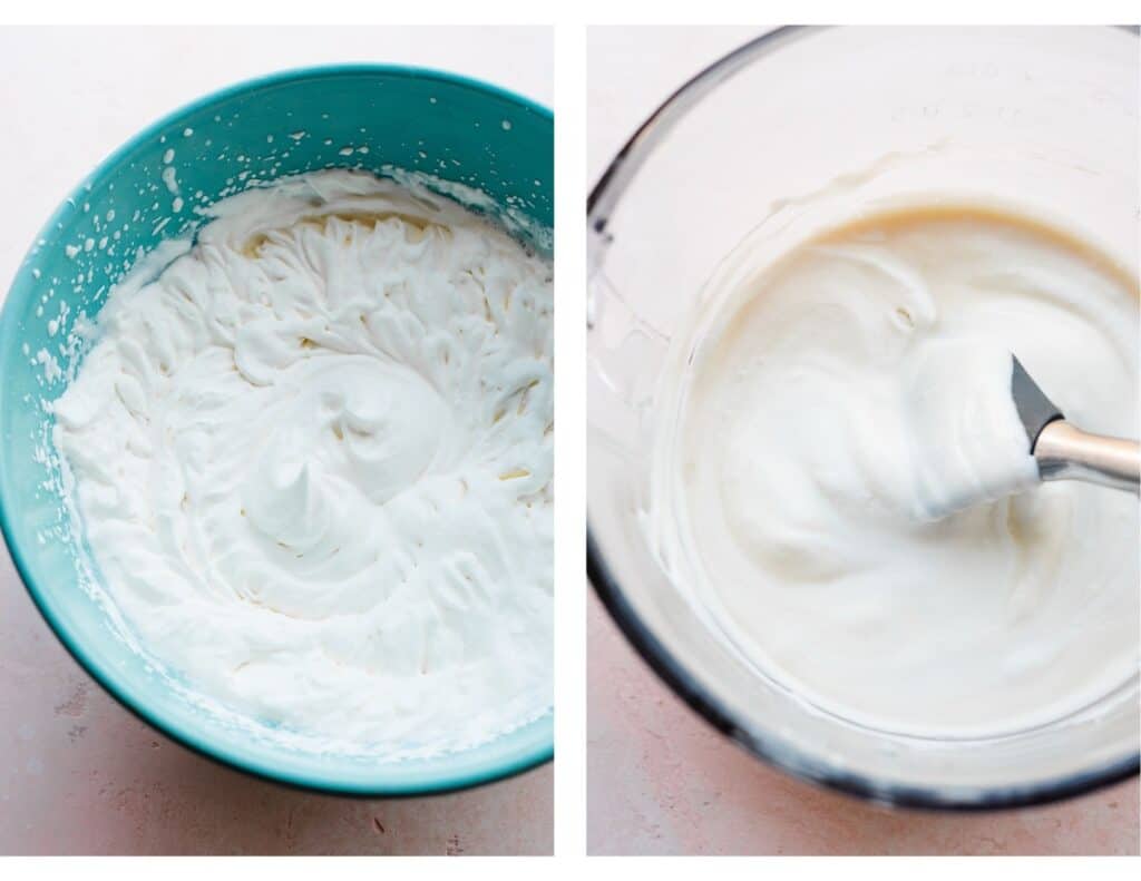Two images - one of a bowl of whipped cream, and one of a bowl of condensed milk with a bit of heavy cream folded in.
