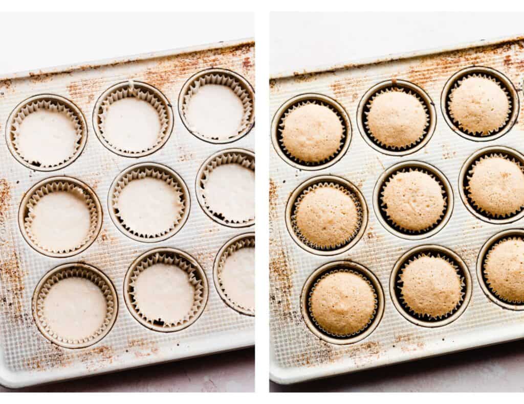 Two images - one of the cupcake batter in the tins, and one of the baked cupcakes. 