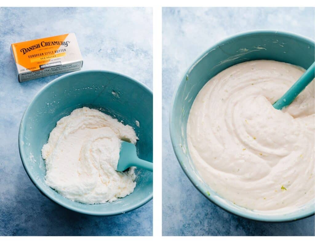 Two images - one of a bowl of butter and sugar creamed together, the other of the finished silky cake batter.