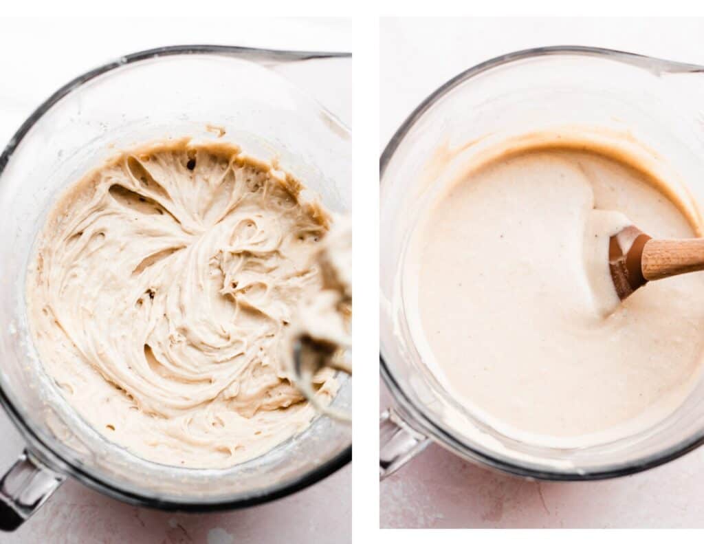 Two images - one of the thick batter after dry ingredients are added, and one of the runny batter with milk added. 