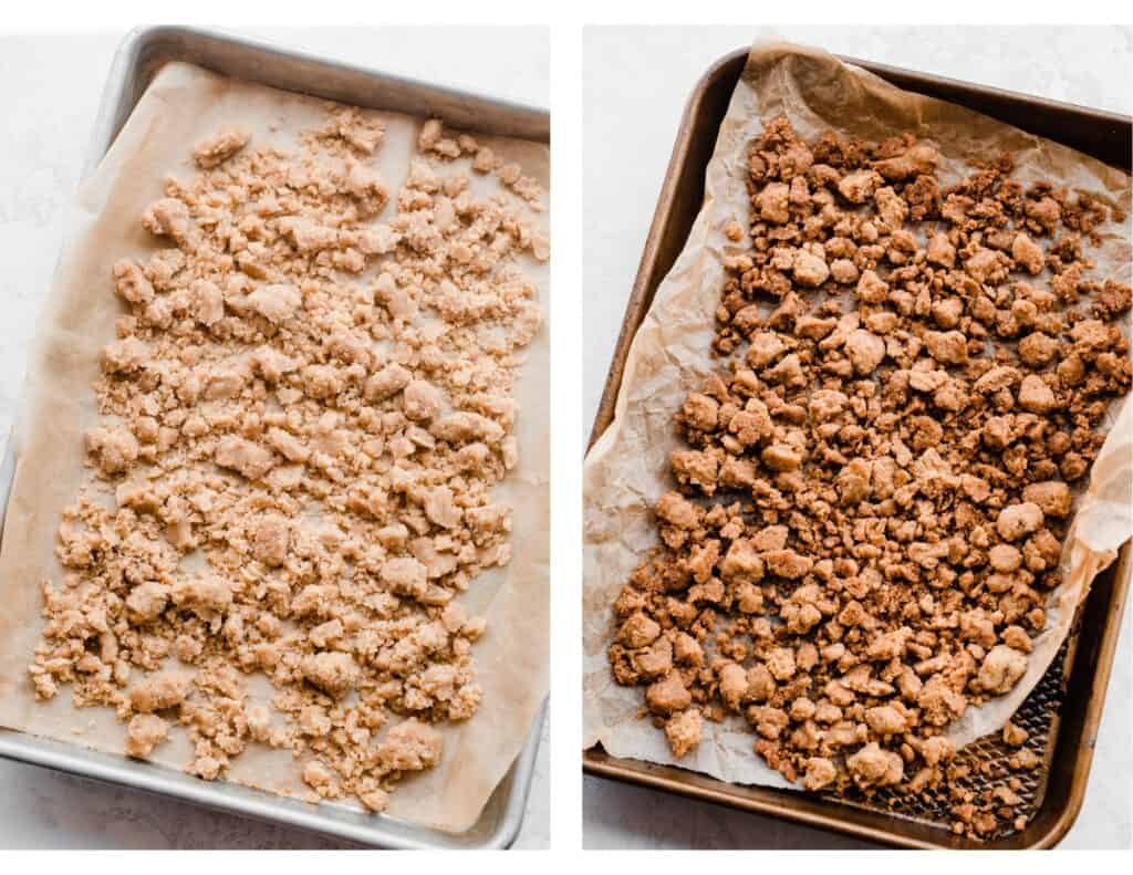 Two images: one of the unbaked and one of the baked streusel.