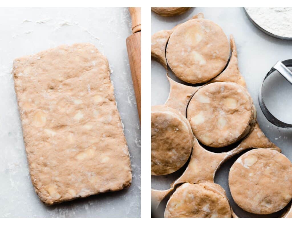 Two images - one of the rolled dough at the end, and one of the biscuits being cut out.