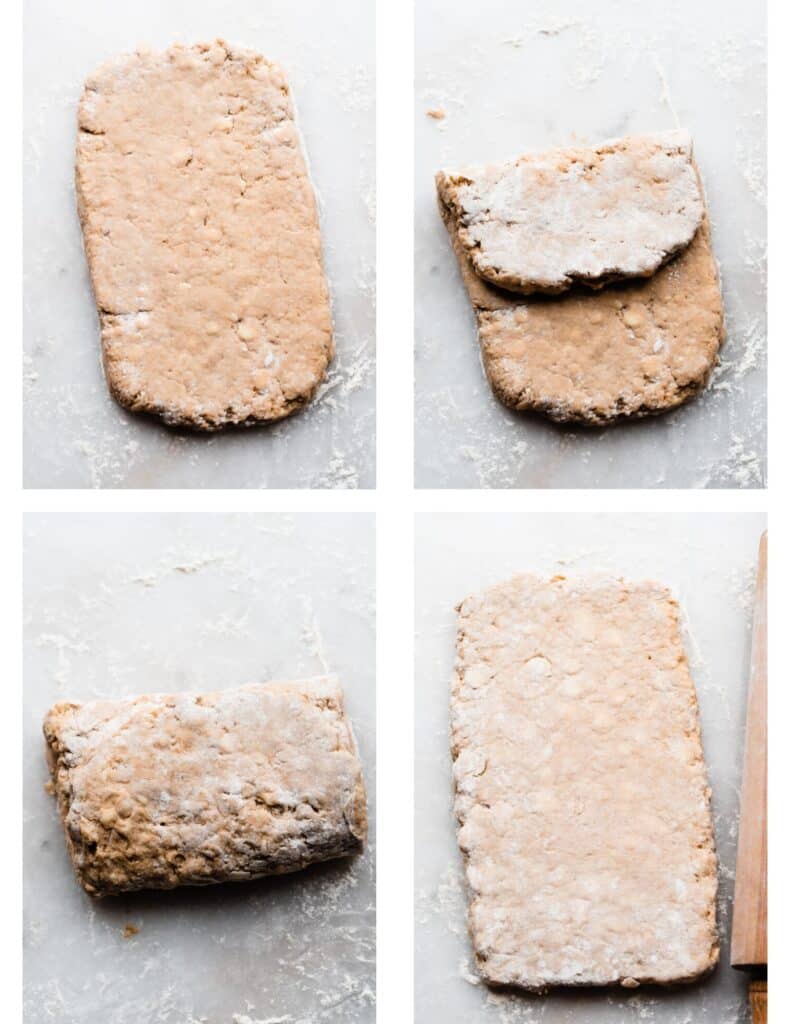 Four images of the dough being folded in thirds like a letter, and rolled back out.