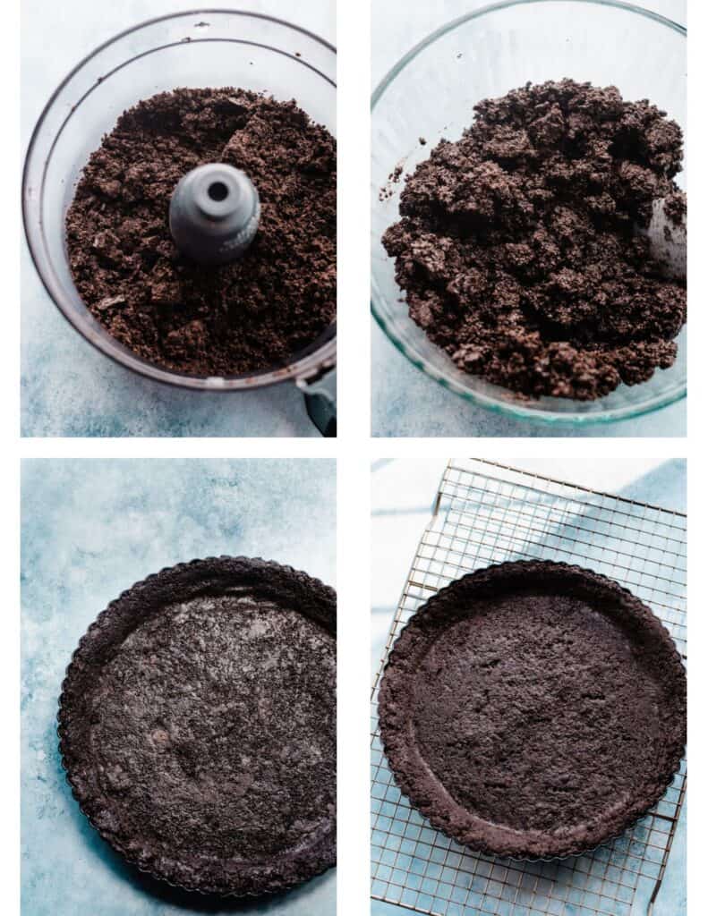 Four images - the crushed oreo cookies, the oreo crumbs mixed with butter, and then the oreo crust pressed into a tart pan baked and unbaked. 