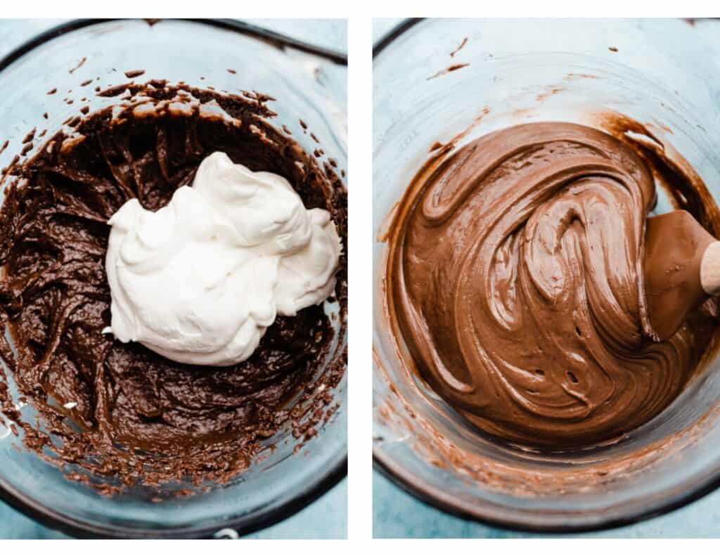 Two images - one of the nutella cream cheese mixture with a dollop of whipped cream, and one of the silky mixture with the first bit of whipped cream mixed in.