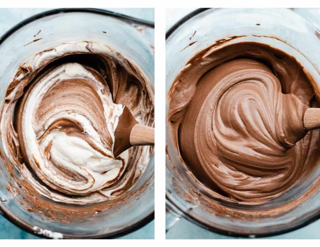 Two images: one of the whipped cream being folded into the filling, and one of the finished silky filling. 
