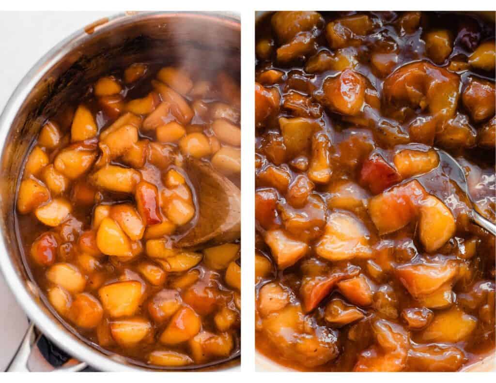 Two images - one of a pot of the peach pie filling, and one of the bowl of the cooled filling. 