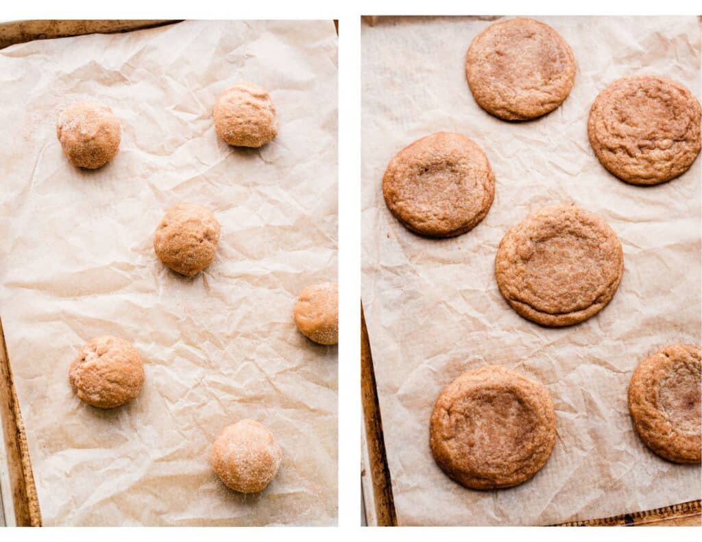 Two images: one of cookie dough balls on a cookie sheet, and one of the baked cookies. 