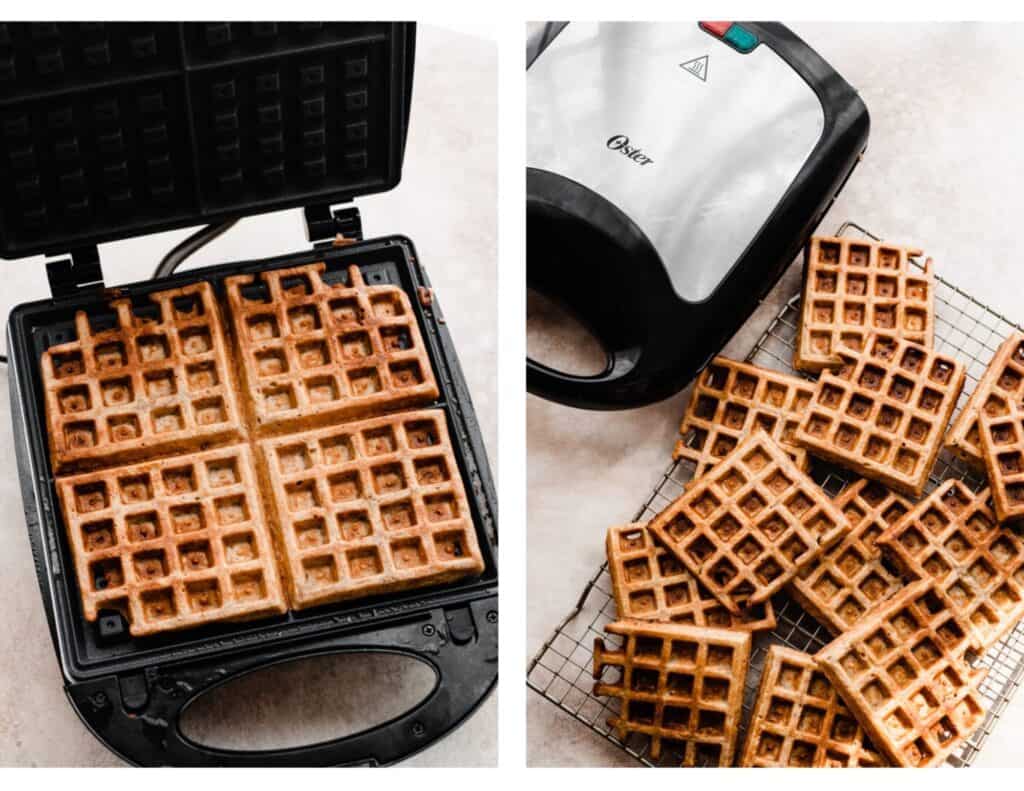 Two images: one of the waffle in the iron, and one of the waffles on a wire rack.