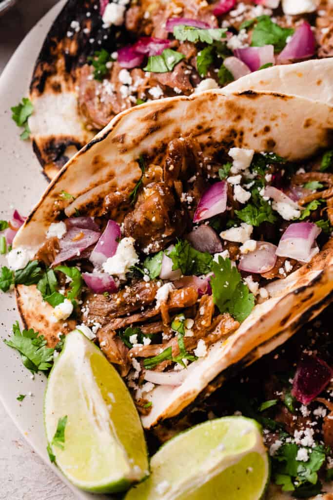 A close-up of lamb barbacoa tacos in tortillas with red onion, cotija, and cilantro.