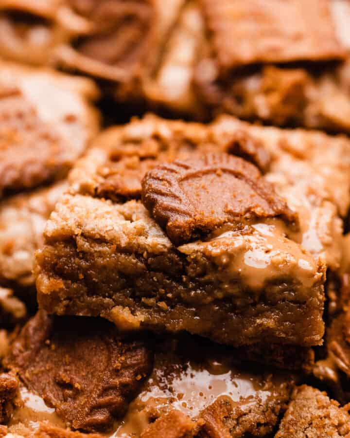 A close up on a biscoff blondie nestled among others, with visible pools of cookie butter and cookies on top.
