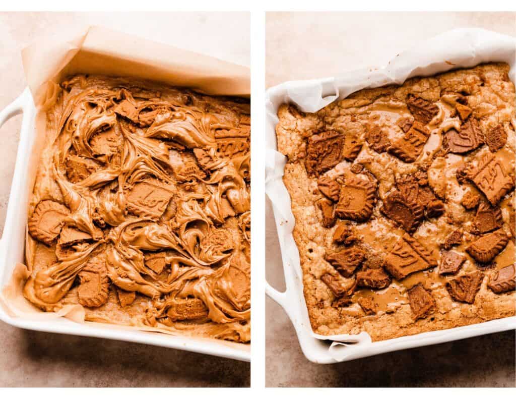 Two images: one of the unbaked pan of blondies, and one of the baked pan. 