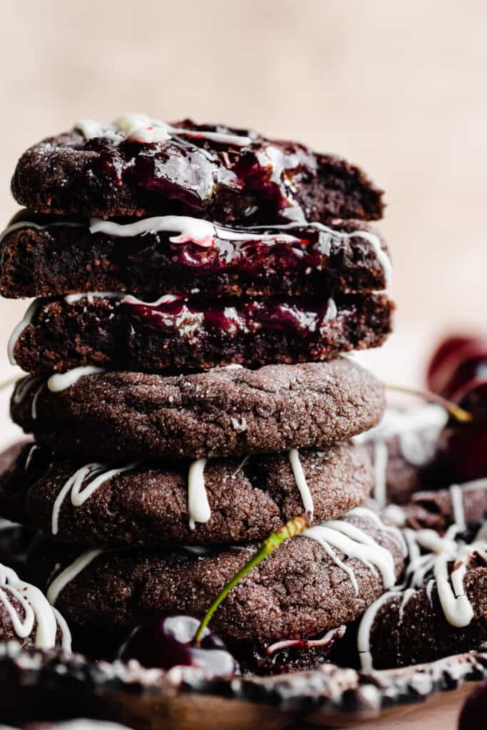 A close-up on a stack of black forest cookies.