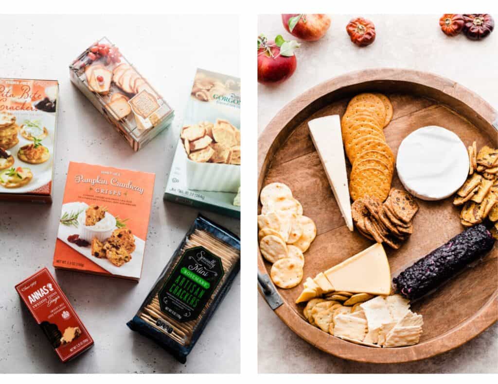 Two images: one of various crackers and one of the cheese board with cheese and crackers added. 