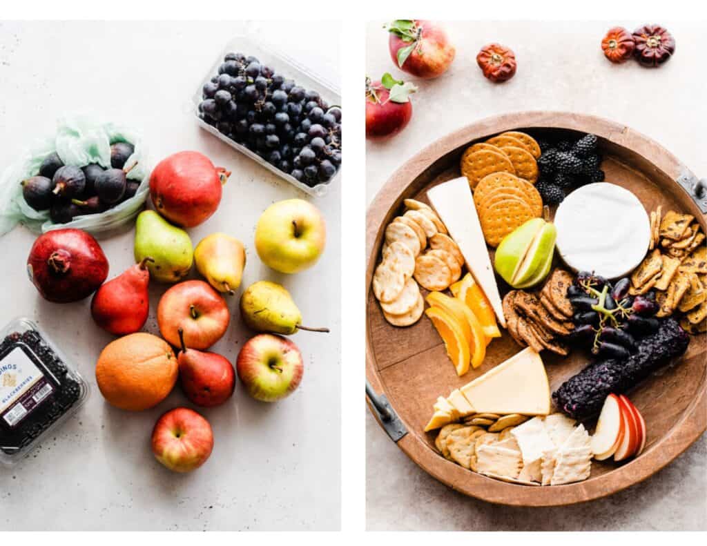 Two images: one of all the fall produce, and one of the cheeseboard with the cheese, crackers, and fruit added. 