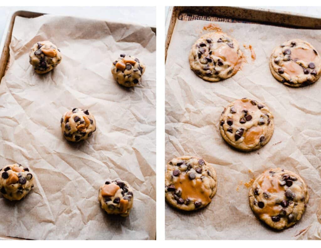 Two images- one of the cookie dough balls on a baking sheet, and one of the baked cookies on the sheet. 