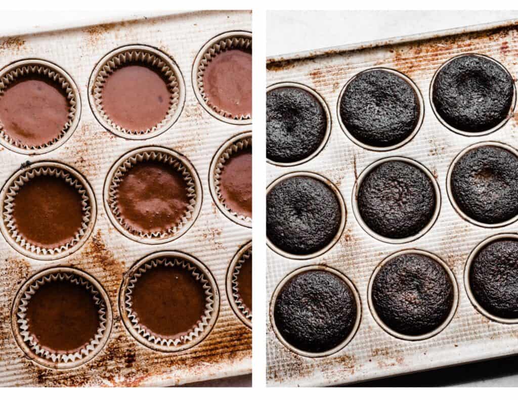 Two images: one of the cupcake batter in the pan unbaked, and one of the baked cupcakes in the pan.