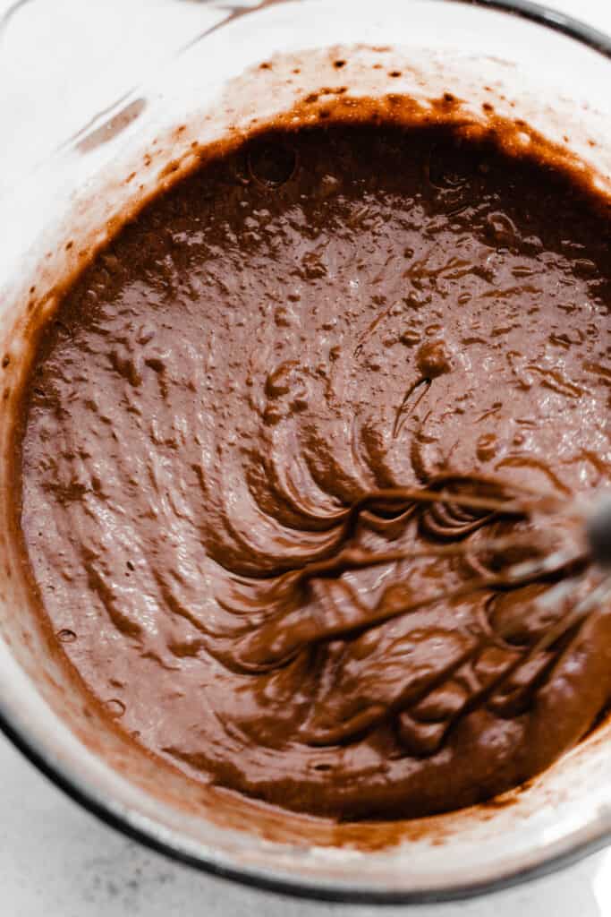 A bowl of the chocolate cupcake batter. 