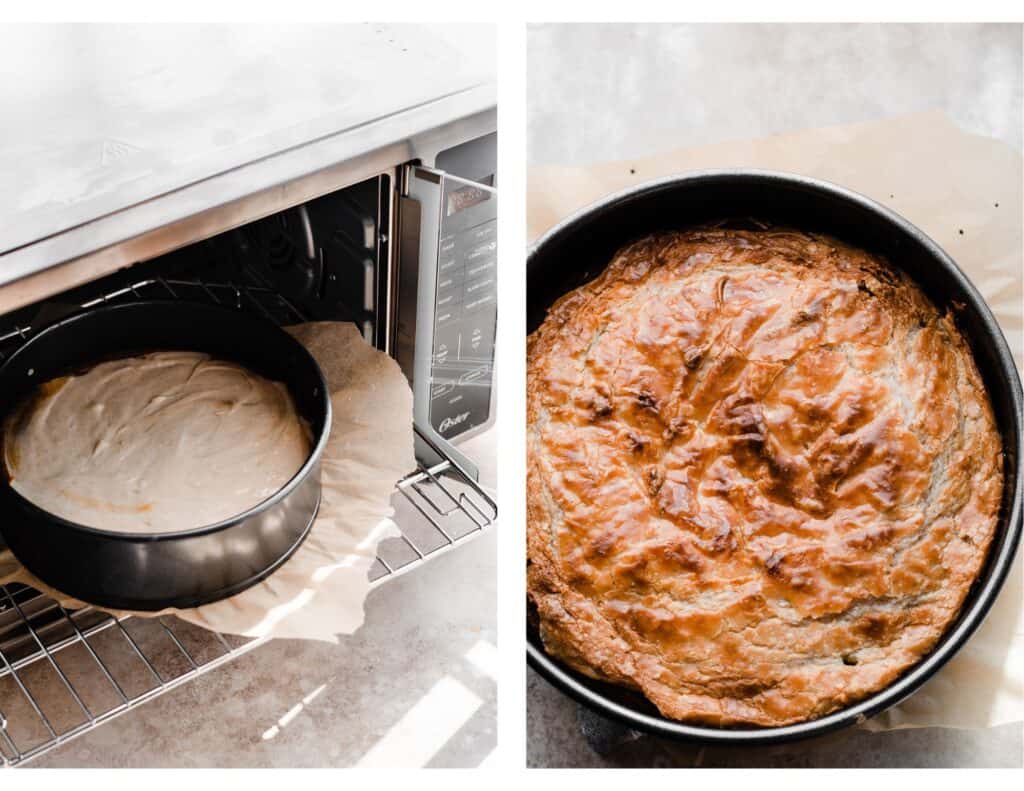 Two images: one of the cake going into the air fry oven, and one of the baked cake with a golden crackly top.