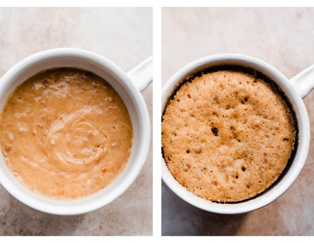 Two images, one of the batter in the mug, and one of the microwaved mug cake. 