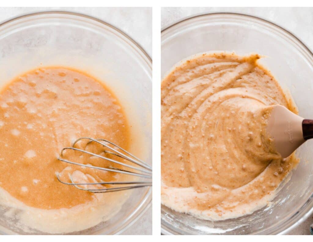 Two images: one of the wet ingredients whisked, and one of the slightly thick batter. 