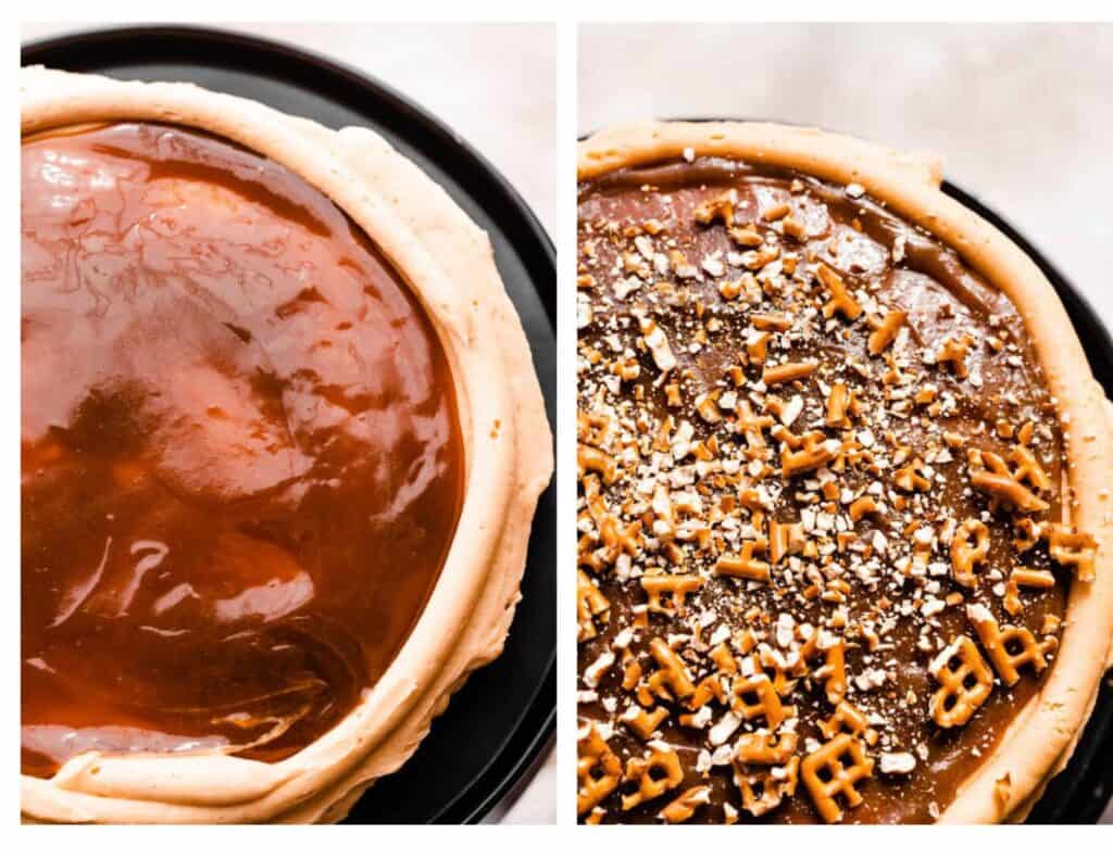 Two images: one of a frosted cake layer with a piped border and butterscotch sauce, and one with the crushed pretzels added. 