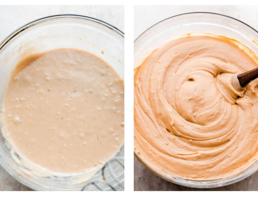 Two images - one of the wet ingredients mixed, and one of the silky cake batter. 