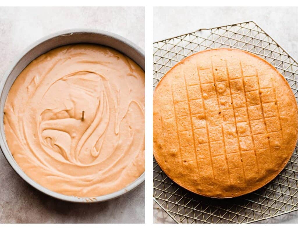 Two images - one of cake batter in the pan, and one of a baked cake layer.