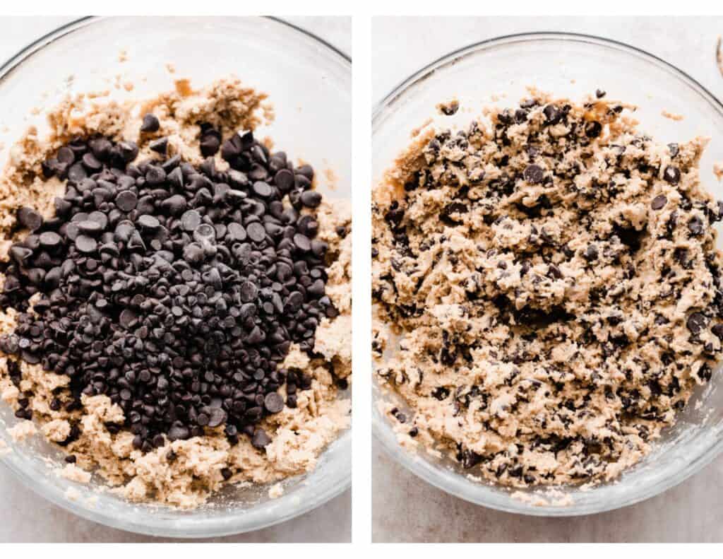 Two images: one of the chocolate chips on top of the dough, and one of them mixed in.